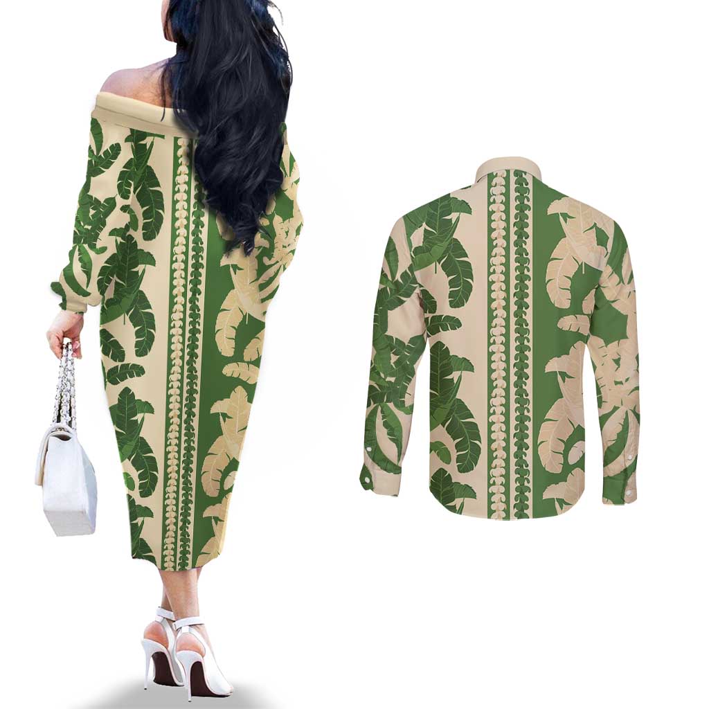 Hawaii Pua Kenikeni Lei Couples Matching Off The Shoulder Long Sleeve Dress and Long Sleeve Button Shirt With Lau Maia Green LT05 - Polynesian Pride