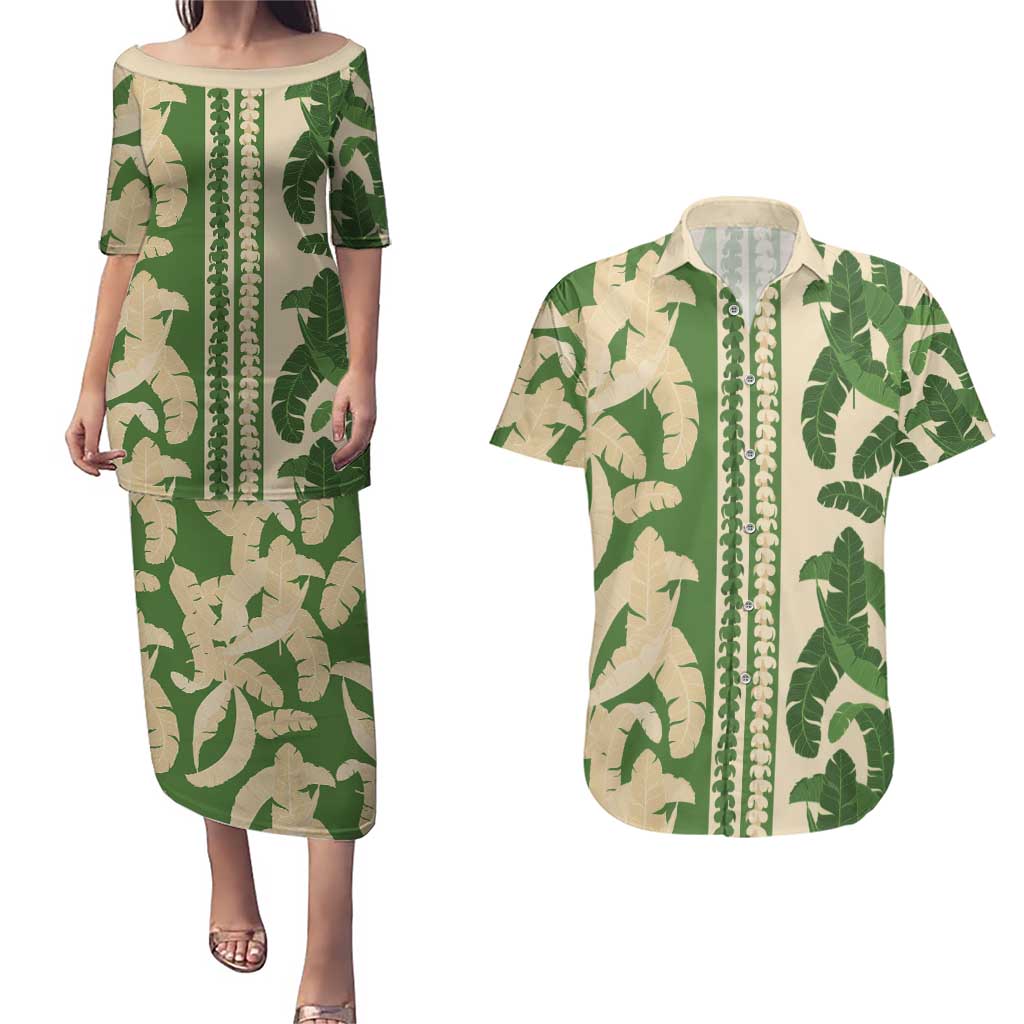 Hawaii Pua Kenikeni Lei Couples Matching Puletasi and Hawaiian Shirt With Lau Maia Green