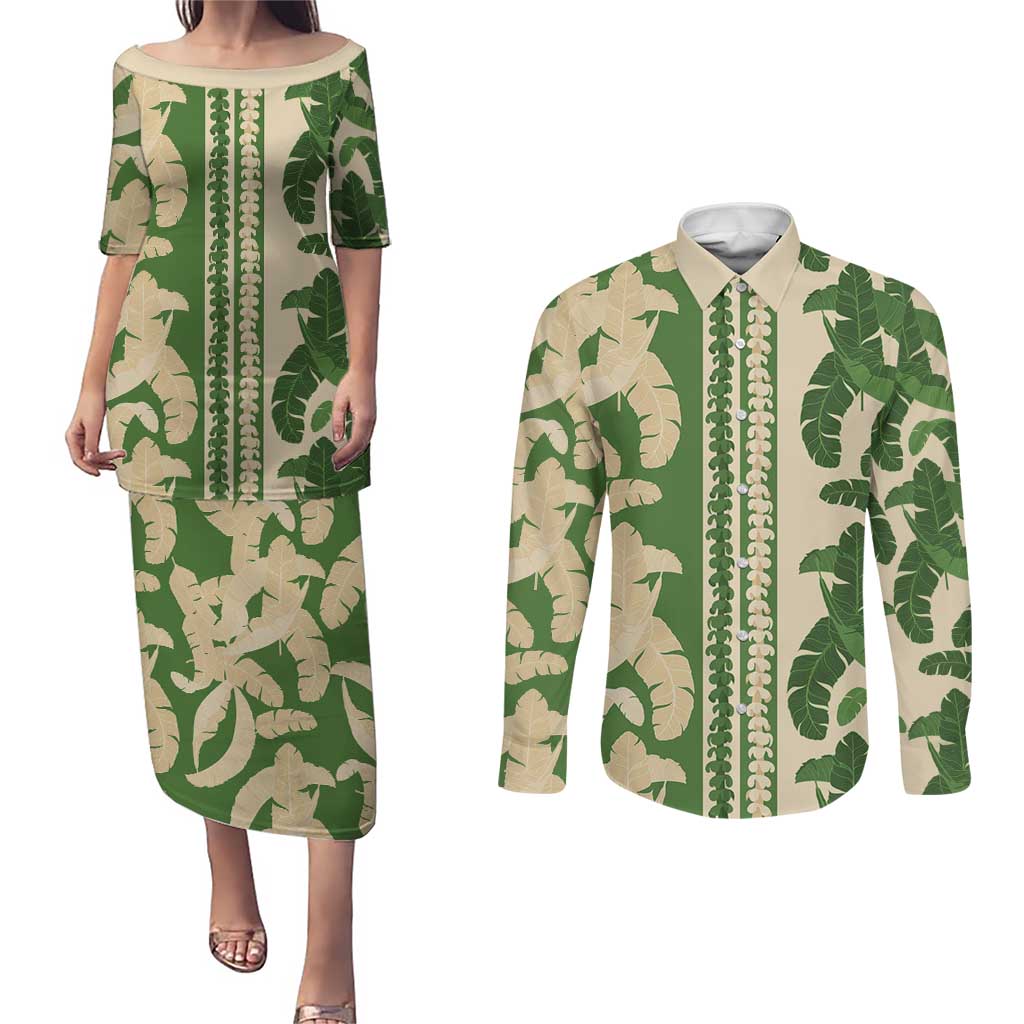 Hawaii Pua Kenikeni Lei Couples Matching Puletasi and Long Sleeve Button Shirt With Lau Maia Green