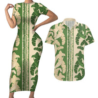 Hawaii Pua Kenikeni Lei Couples Matching Short Sleeve Bodycon Dress and Hawaiian Shirt With Lau Maia Green LT05 Green - Polynesian Pride