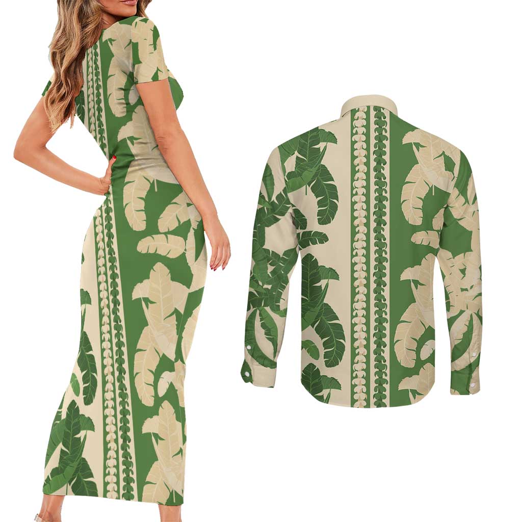 Hawaii Pua Kenikeni Lei Couples Matching Short Sleeve Bodycon Dress and Long Sleeve Button Shirt With Lau Maia Green LT05 - Polynesian Pride