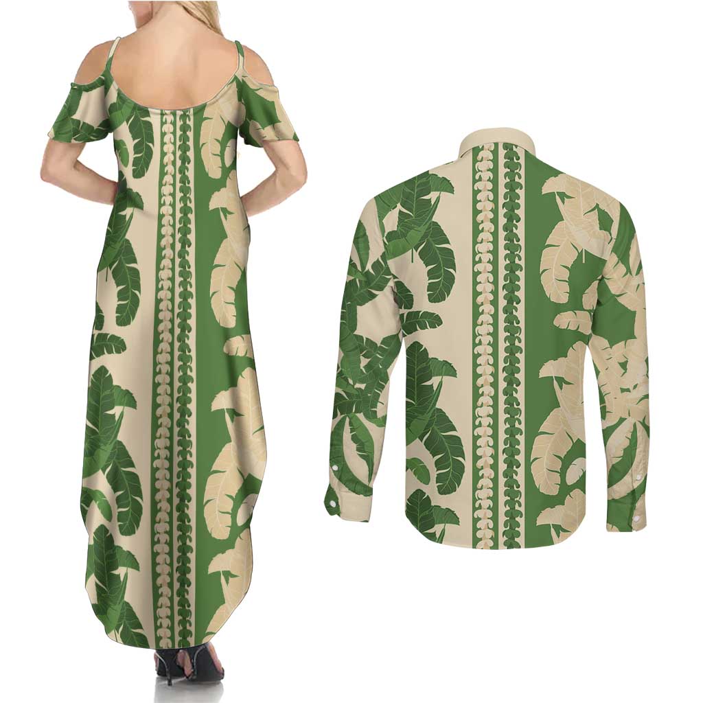Hawaii Pua Kenikeni Lei Couples Matching Summer Maxi Dress and Long Sleeve Button Shirt With Lau Maia Green