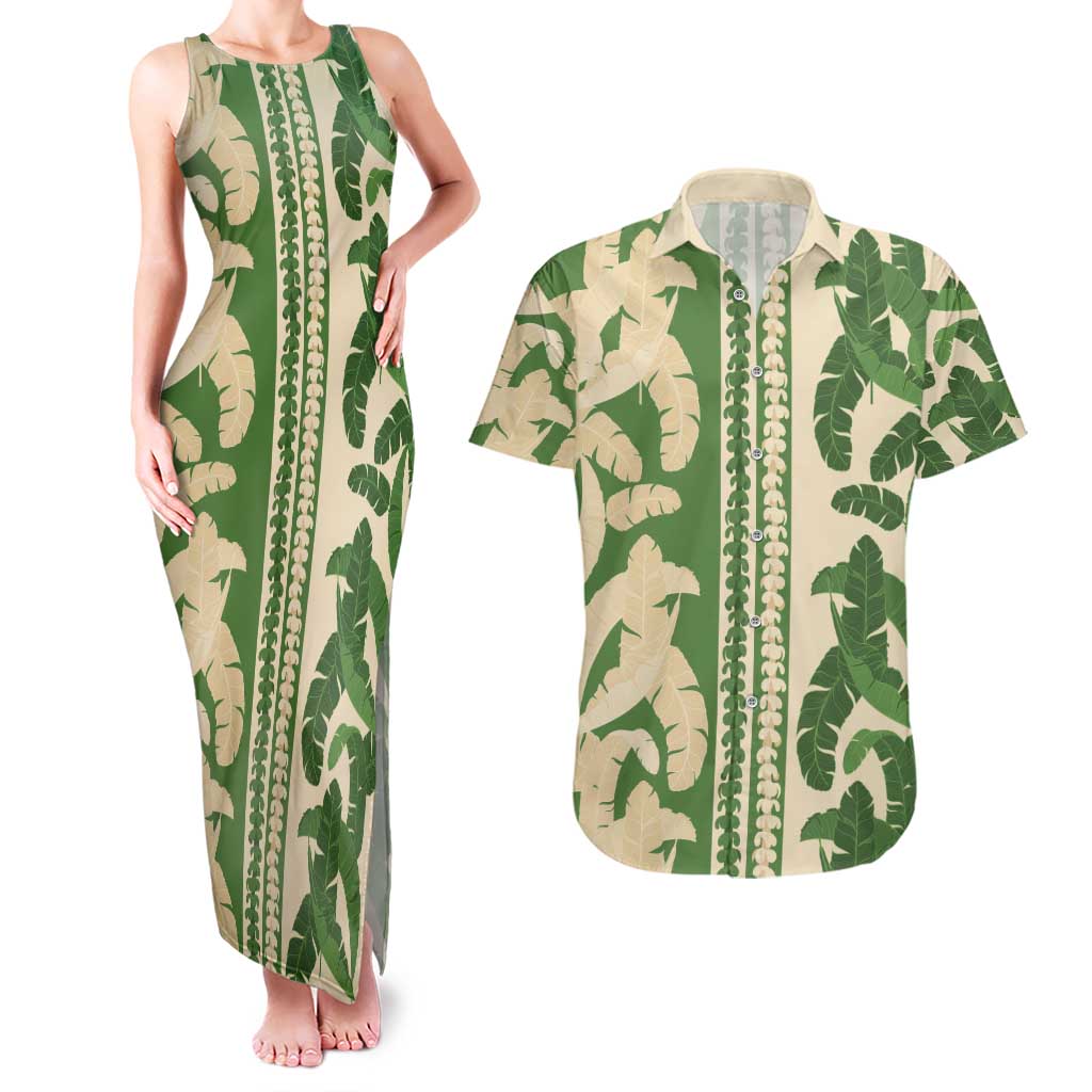 Hawaii Pua Kenikeni Lei Couples Matching Tank Maxi Dress and Hawaiian Shirt With Lau Maia Green LT05 Green - Polynesian Pride