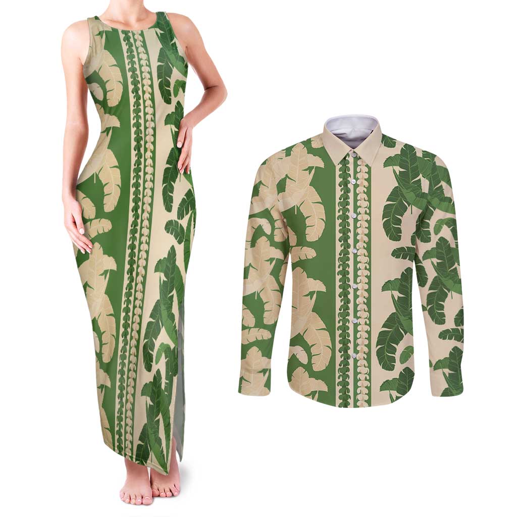 Hawaii Pua Kenikeni Lei Couples Matching Tank Maxi Dress and Long Sleeve Button Shirt With Lau Maia Green