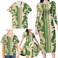Hawaii Pua Kenikeni Lei Family Matching Long Sleeve Bodycon Dress and Hawaiian Shirt With Lau Maia Green LT05 - Polynesian Pride