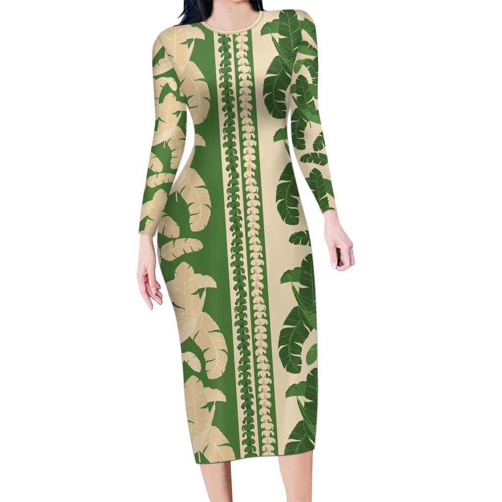 Hawaii Pua Kenikeni Lei Family Matching Long Sleeve Bodycon Dress and Hawaiian Shirt With Lau Maia Green LT05 Mom's Dress Green - Polynesian Pride
