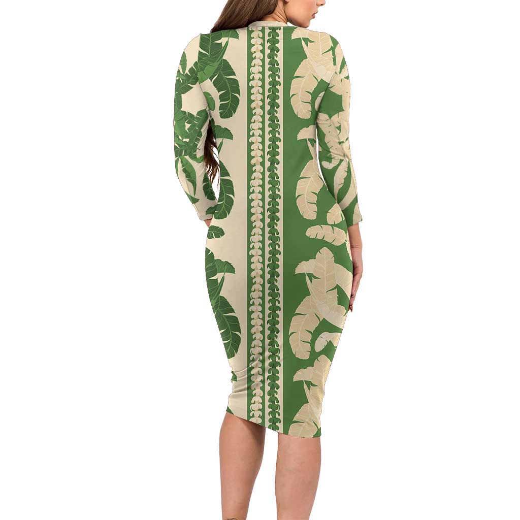 Hawaii Pua Kenikeni Lei Family Matching Long Sleeve Bodycon Dress and Hawaiian Shirt With Lau Maia Green LT05 - Polynesian Pride