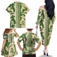 Hawaii Pua Kenikeni Lei Family Matching Off The Shoulder Long Sleeve Dress and Hawaiian Shirt With Lau Maia Green LT05 - Polynesian Pride