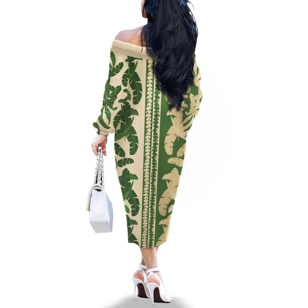Hawaii Pua Kenikeni Lei Family Matching Off The Shoulder Long Sleeve Dress and Hawaiian Shirt With Lau Maia Green LT05 - Polynesian Pride