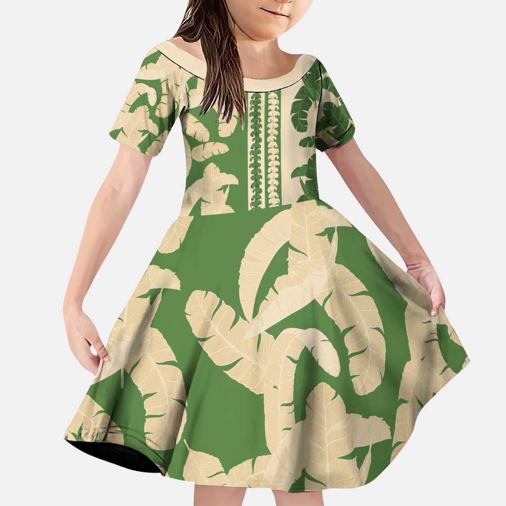 Hawaii Pua Kenikeni Lei Family Matching Off Shoulder Maxi Dress and Hawaiian Shirt With Lau Maia Green LT05 Daughter's Dress Green - Polynesian Pride