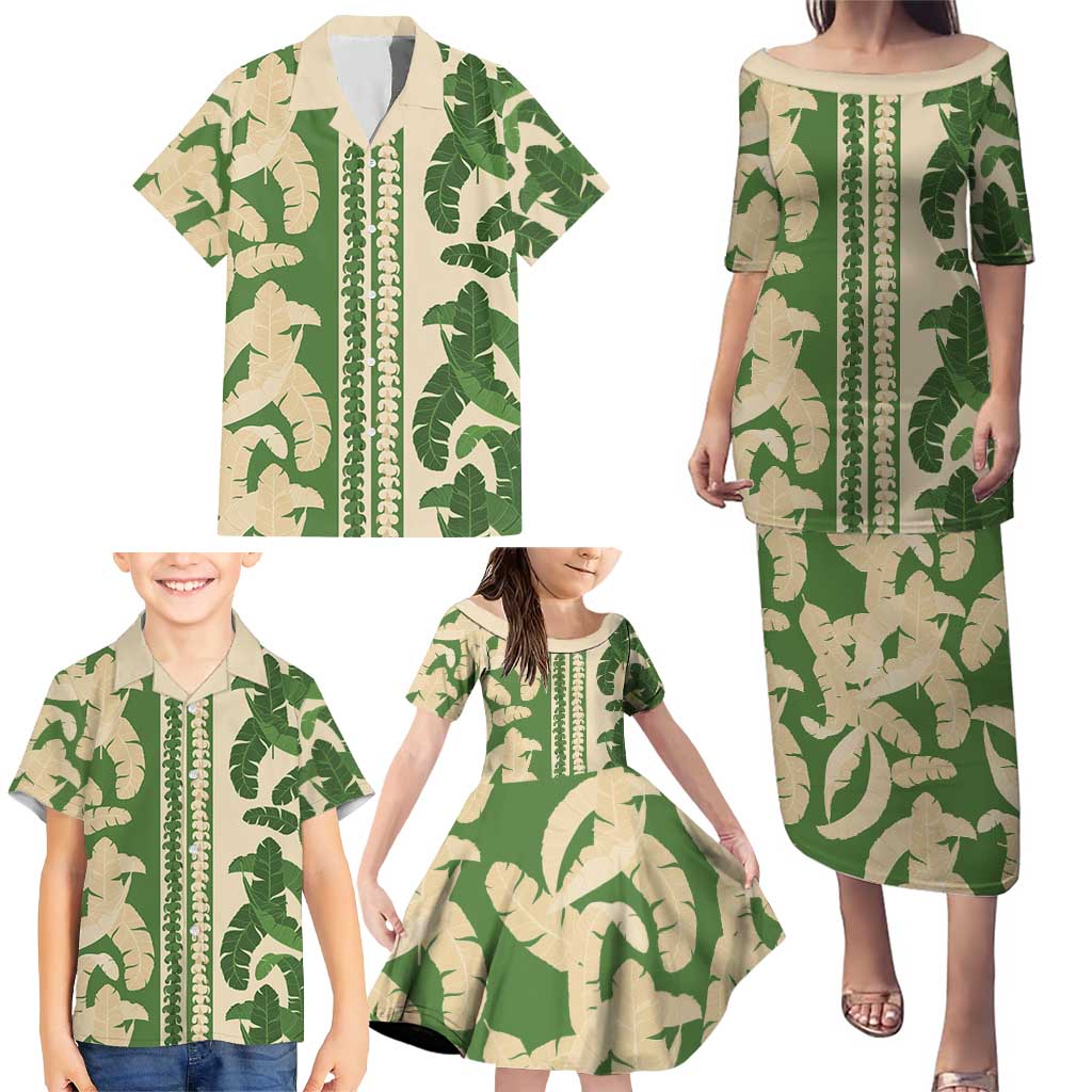 Hawaii Pua Kenikeni Lei Family Matching Puletasi and Hawaiian Shirt With Lau Maia Green