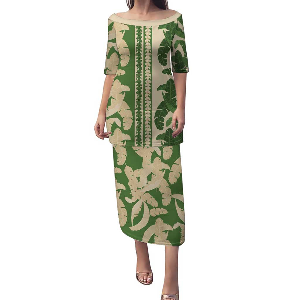 Hawaii Pua Kenikeni Lei Family Matching Puletasi and Hawaiian Shirt With Lau Maia Green LT05 Mom's Dress Green - Polynesian Pride