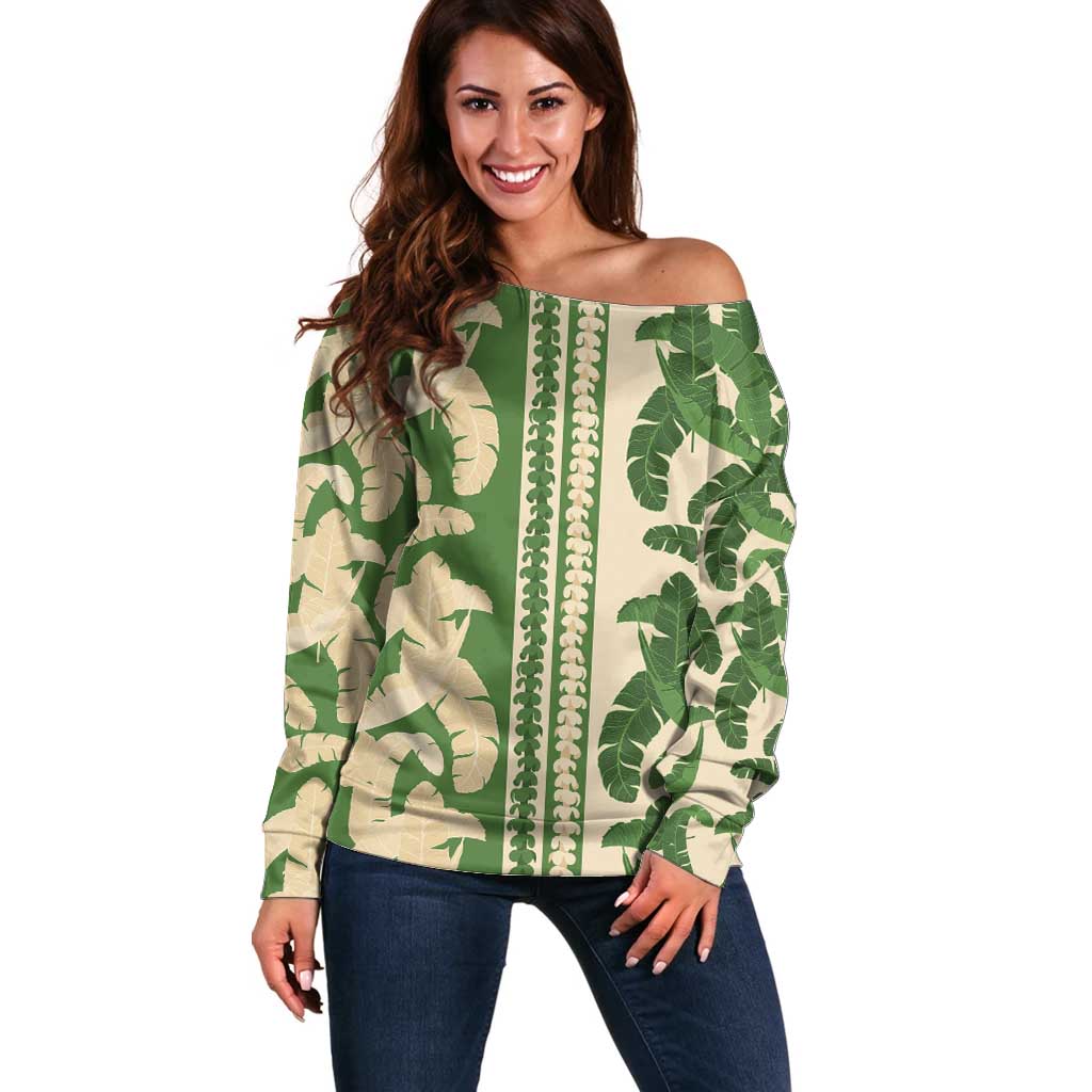 Hawaii Pua Kenikeni Lei Off Shoulder Sweater With Lau Maia Green