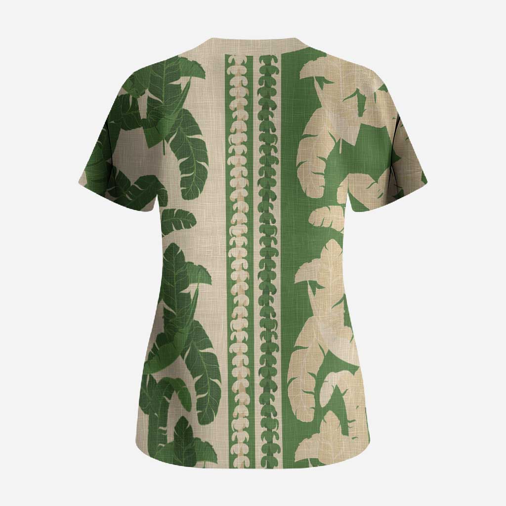 Hawaii Pua Kenikeni Lei Scrub Top With Lau Maia Green