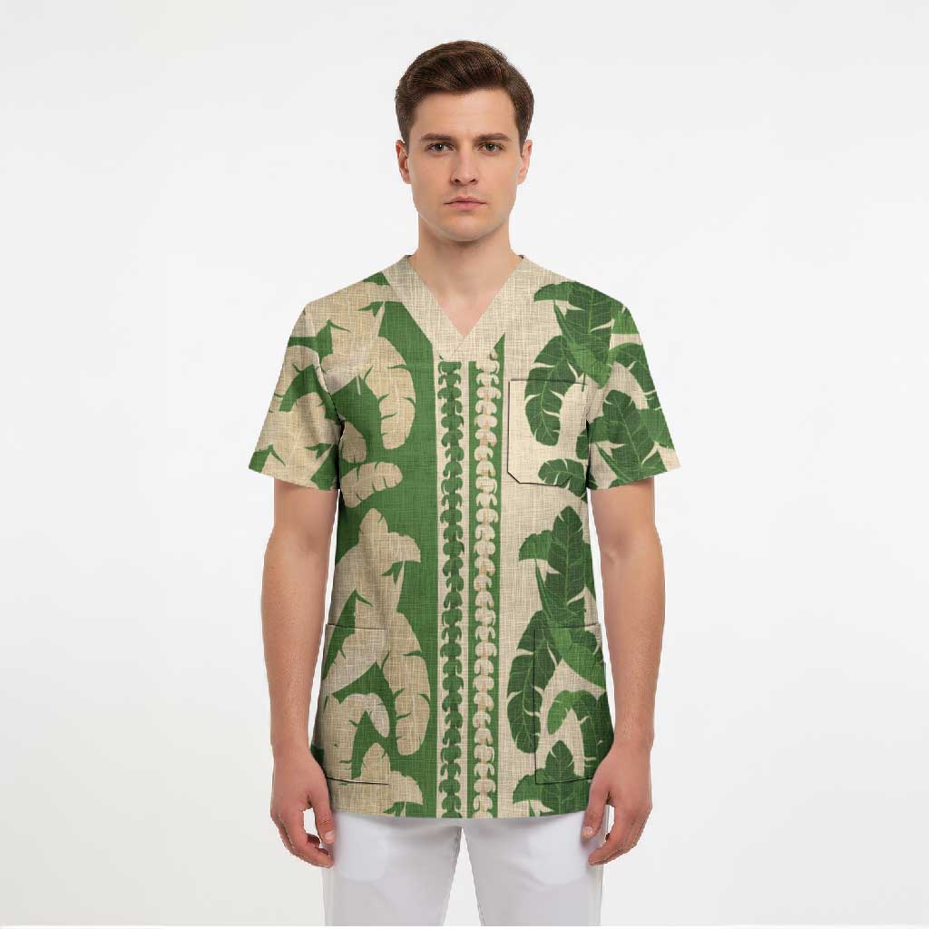 Hawaii Pua Kenikeni Lei Scrub Top With Lau Maia Green