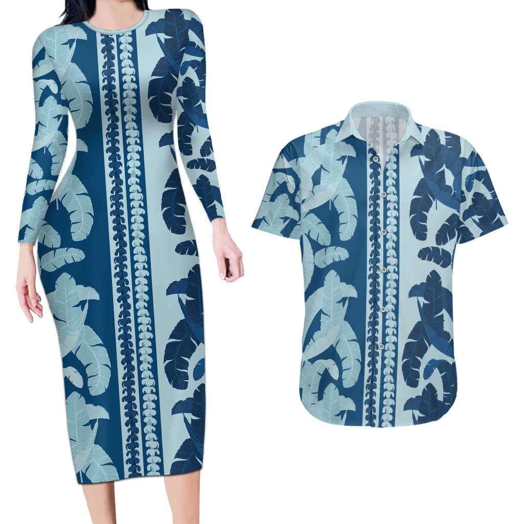Hawaii Pua Kenikeni Lei Couples Matching Long Sleeve Bodycon Dress and Hawaiian Shirt With Lau Maia Royal Blue LT05 Blue - Polynesian Pride