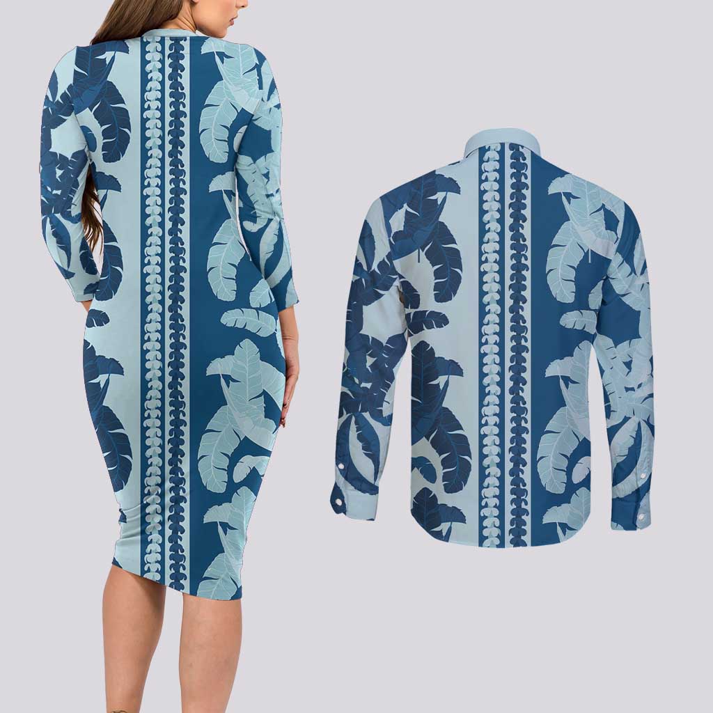 Hawaii Pua Kenikeni Lei Couples Matching Long Sleeve Bodycon Dress and Long Sleeve Button Shirt With Lau Maia Royal Blue LT05 - Polynesian Pride