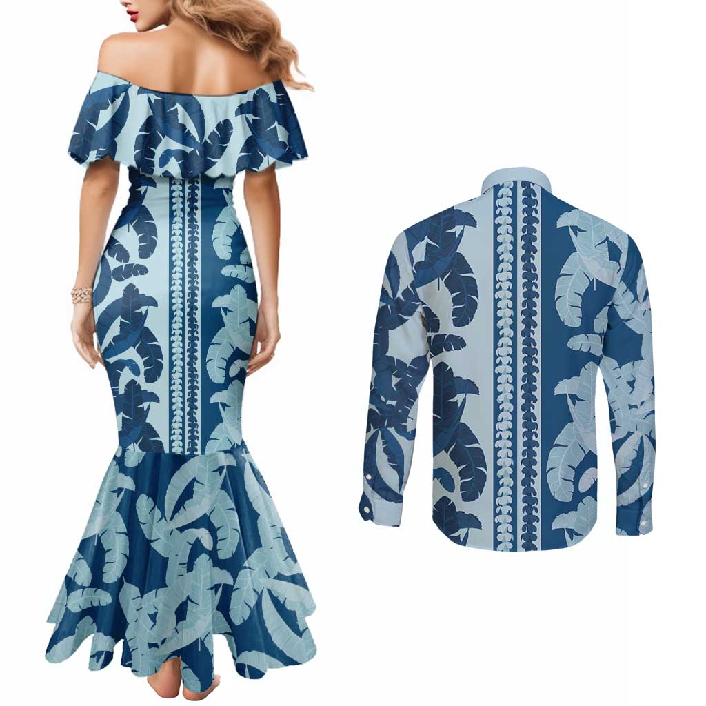 Hawaii Pua Kenikeni Lei Couples Matching Mermaid Dress and Long Sleeve Button Shirt With Lau Maia Royal Blue LT05 - Polynesian Pride