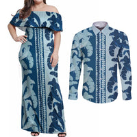 Hawaii Pua Kenikeni Lei Couples Matching Off Shoulder Maxi Dress and Long Sleeve Button Shirt With Lau Maia Royal Blue