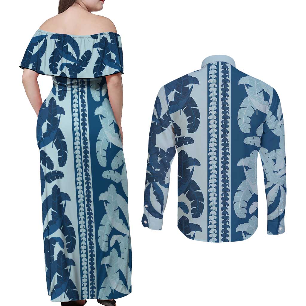 Hawaii Pua Kenikeni Lei Couples Matching Off Shoulder Maxi Dress and Long Sleeve Button Shirt With Lau Maia Royal Blue