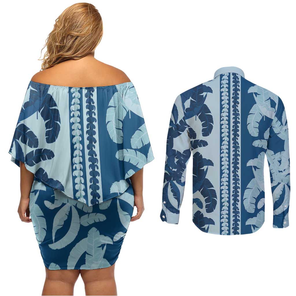 Hawaii Pua Kenikeni Lei Couples Matching Off Shoulder Short Dress and Long Sleeve Button Shirt With Lau Maia Royal Blue