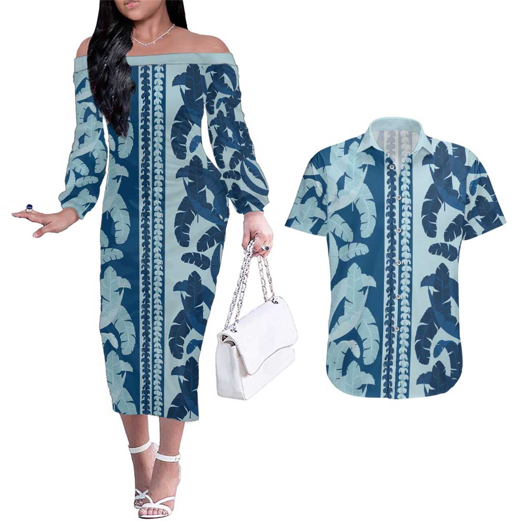 Hawaii Pua Kenikeni Lei Couples Matching Off The Shoulder Long Sleeve Dress and Hawaiian Shirt With Lau Maia Royal Blue