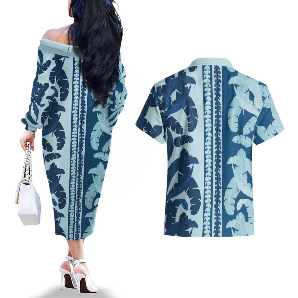 Hawaii Pua Kenikeni Lei Couples Matching Off The Shoulder Long Sleeve Dress and Hawaiian Shirt With Lau Maia Royal Blue LT05 - Polynesian Pride