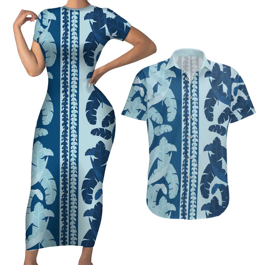 Hawaii Pua Kenikeni Lei Couples Matching Short Sleeve Bodycon Dress and Hawaiian Shirt With Lau Maia Royal Blue LT05 Blue - Polynesian Pride