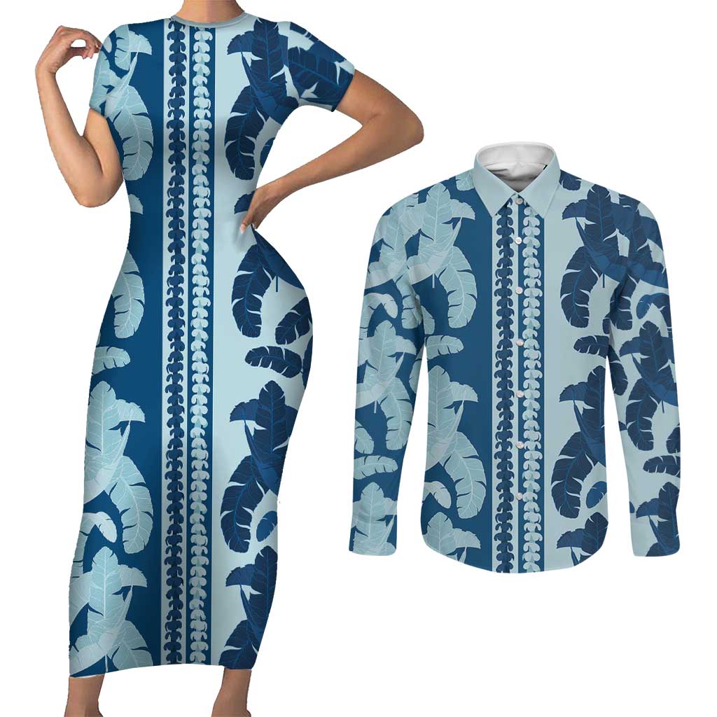 Hawaii Pua Kenikeni Lei Couples Matching Short Sleeve Bodycon Dress and Long Sleeve Button Shirt With Lau Maia Royal Blue LT05 Blue - Polynesian Pride