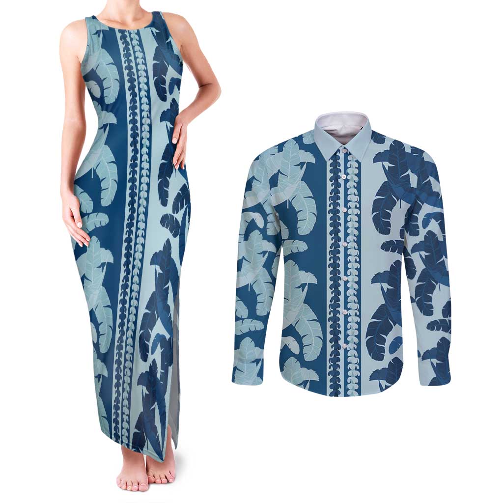 Hawaii Pua Kenikeni Lei Couples Matching Tank Maxi Dress and Long Sleeve Button Shirt With Lau Maia Royal Blue