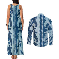Hawaii Pua Kenikeni Lei Couples Matching Tank Maxi Dress and Long Sleeve Button Shirt With Lau Maia Royal Blue
