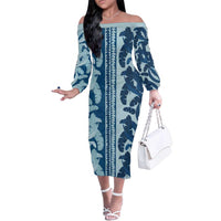 Hawaii Pua Kenikeni Lei Family Matching Off The Shoulder Long Sleeve Dress and Hawaiian Shirt With Lau Maia Royal Blue LT05 Mom's Dress Blue - Polynesian Pride