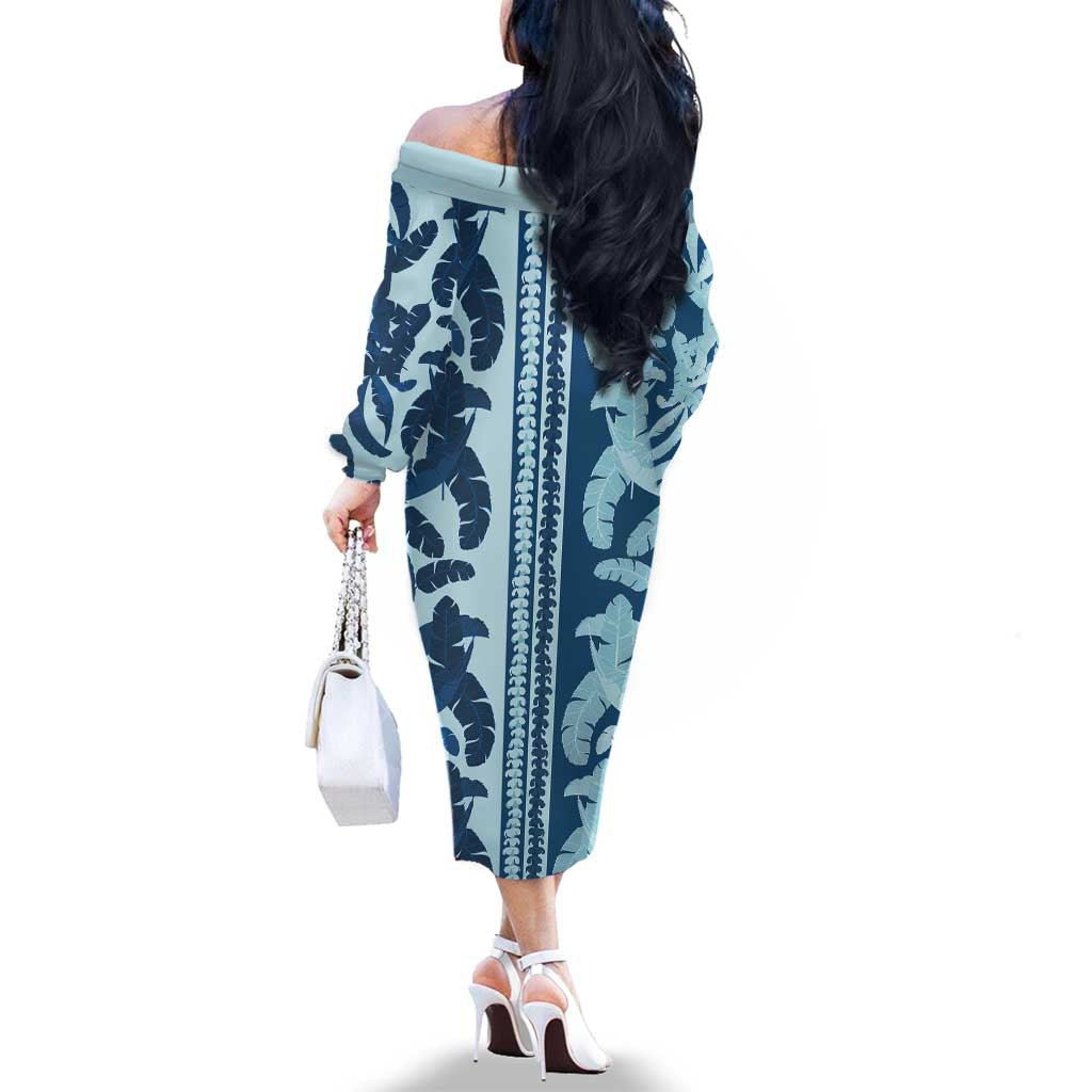 Hawaii Pua Kenikeni Lei Family Matching Off The Shoulder Long Sleeve Dress and Hawaiian Shirt With Lau Maia Royal Blue LT05 - Polynesian Pride