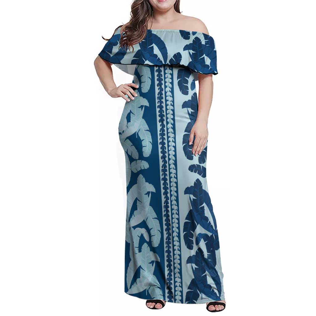 Hawaii Pua Kenikeni Lei Family Matching Off Shoulder Maxi Dress and Hawaiian Shirt With Lau Maia Royal Blue LT05 Mom's Dress Blue - Polynesian Pride