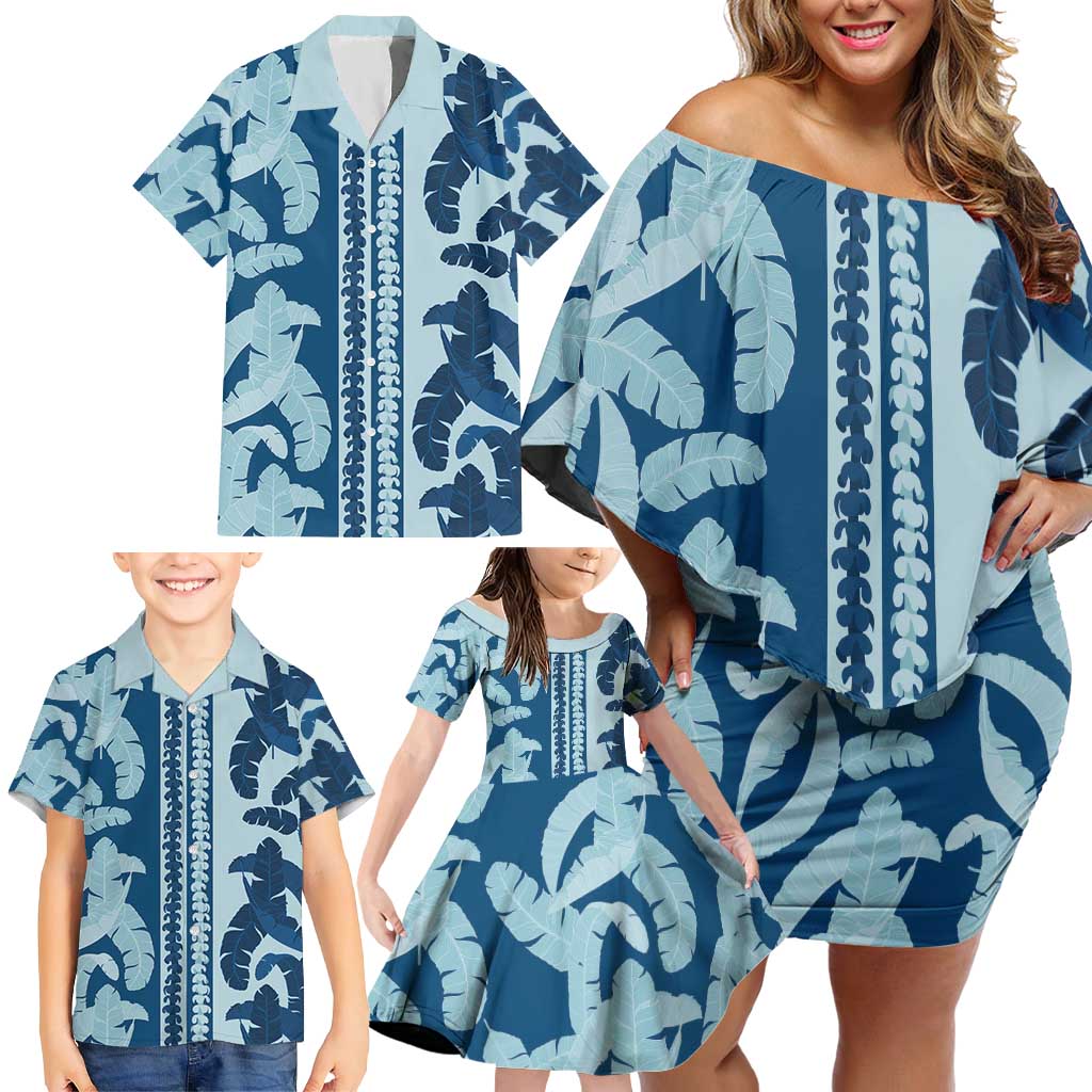 Hawaii Pua Kenikeni Lei Family Matching Off Shoulder Short Dress and Hawaiian Shirt With Lau Maia Royal Blue LT05 - Polynesian Pride
