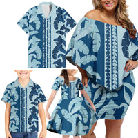 Hawaii Pua Kenikeni Lei Family Matching Off Shoulder Short Dress and Hawaiian Shirt With Lau Maia Royal Blue LT05 - Polynesian Pride