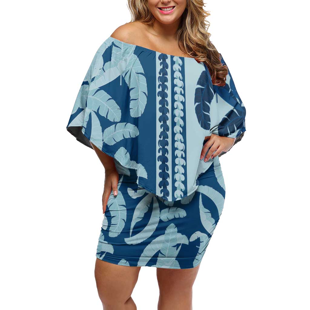 Hawaii Pua Kenikeni Lei Family Matching Off Shoulder Short Dress and Hawaiian Shirt With Lau Maia Royal Blue LT05 Mom's Dress Blue - Polynesian Pride