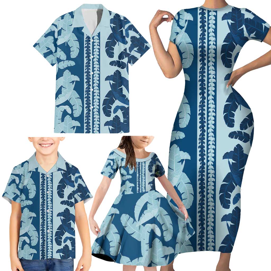 Hawaii Pua Kenikeni Lei Family Matching Short Sleeve Bodycon Dress and Hawaiian Shirt With Lau Maia Royal Blue LT05 - Polynesian Pride