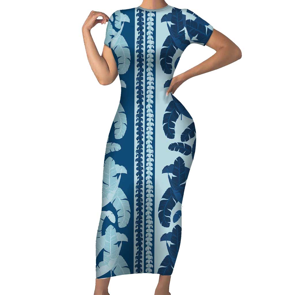 Hawaii Pua Kenikeni Lei Family Matching Short Sleeve Bodycon Dress and Hawaiian Shirt With Lau Maia Royal Blue LT05 Mom's Dress Blue - Polynesian Pride