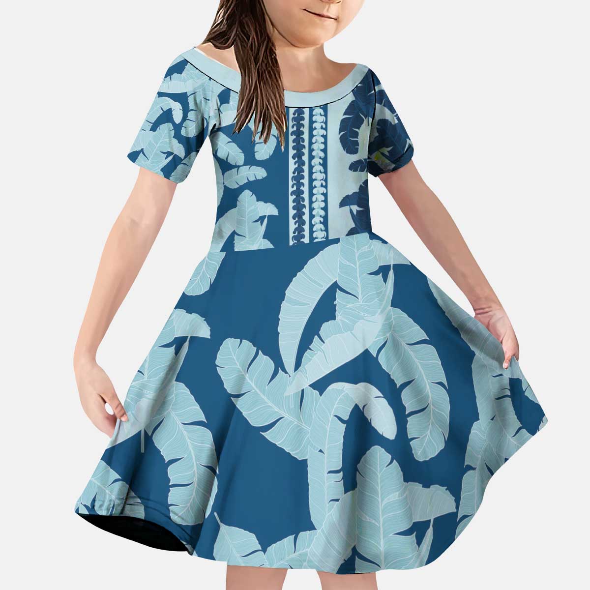 Hawaii Pua Kenikeni Lei Kid Short Sleeve Dress With Lau Maia Royal Blue