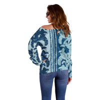 Hawaii Pua Kenikeni Lei Off Shoulder Sweater With Lau Maia Royal Blue