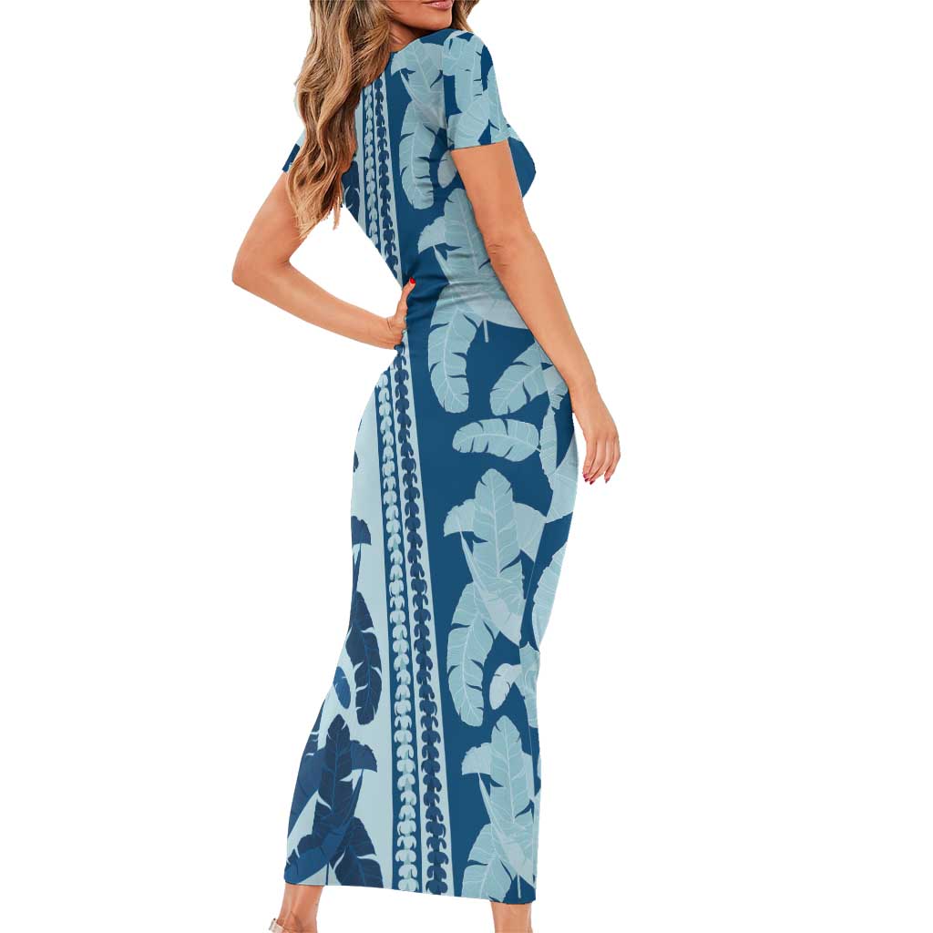 Hawaii Pua Kenikeni Lei Short Sleeve Bodycon Dress With Lau Maia Royal Blue