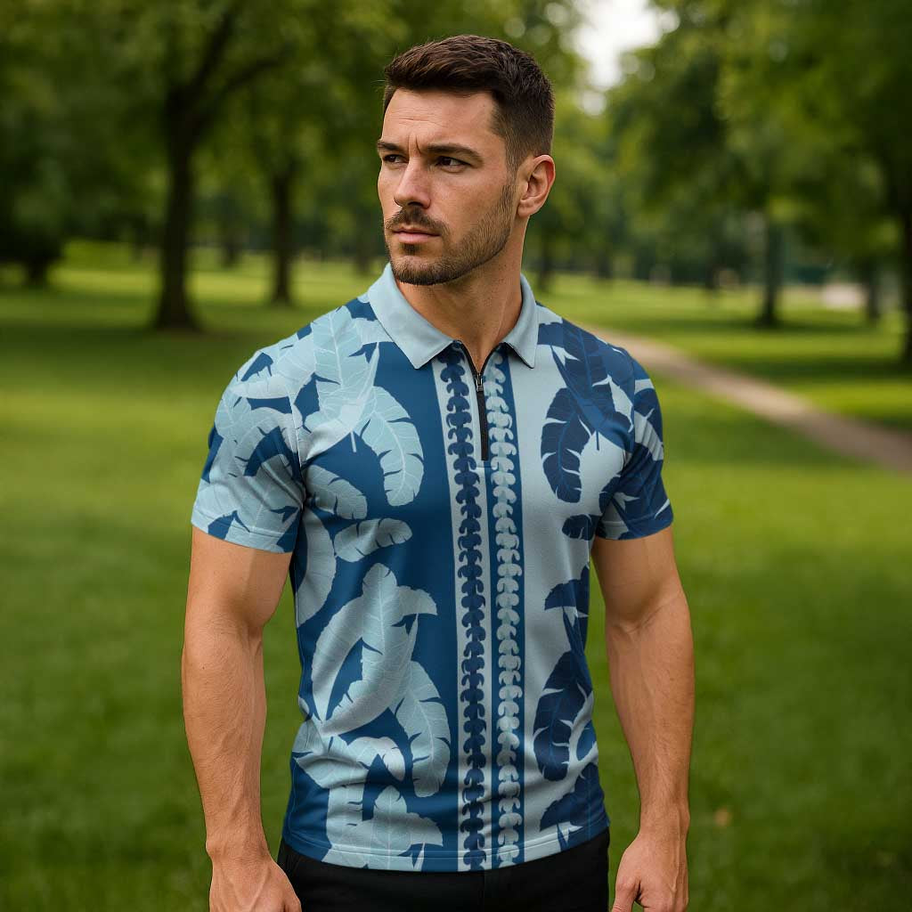 Hawaii Pua Kenikeni Lei Zipper Polo Shirt With Lau Maia Royal Blue
