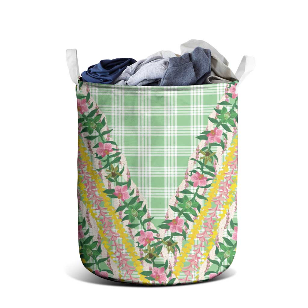 Hawaii Pikake Lokelani Plumeria Lei Laundry Basket Green Palaka Motifs