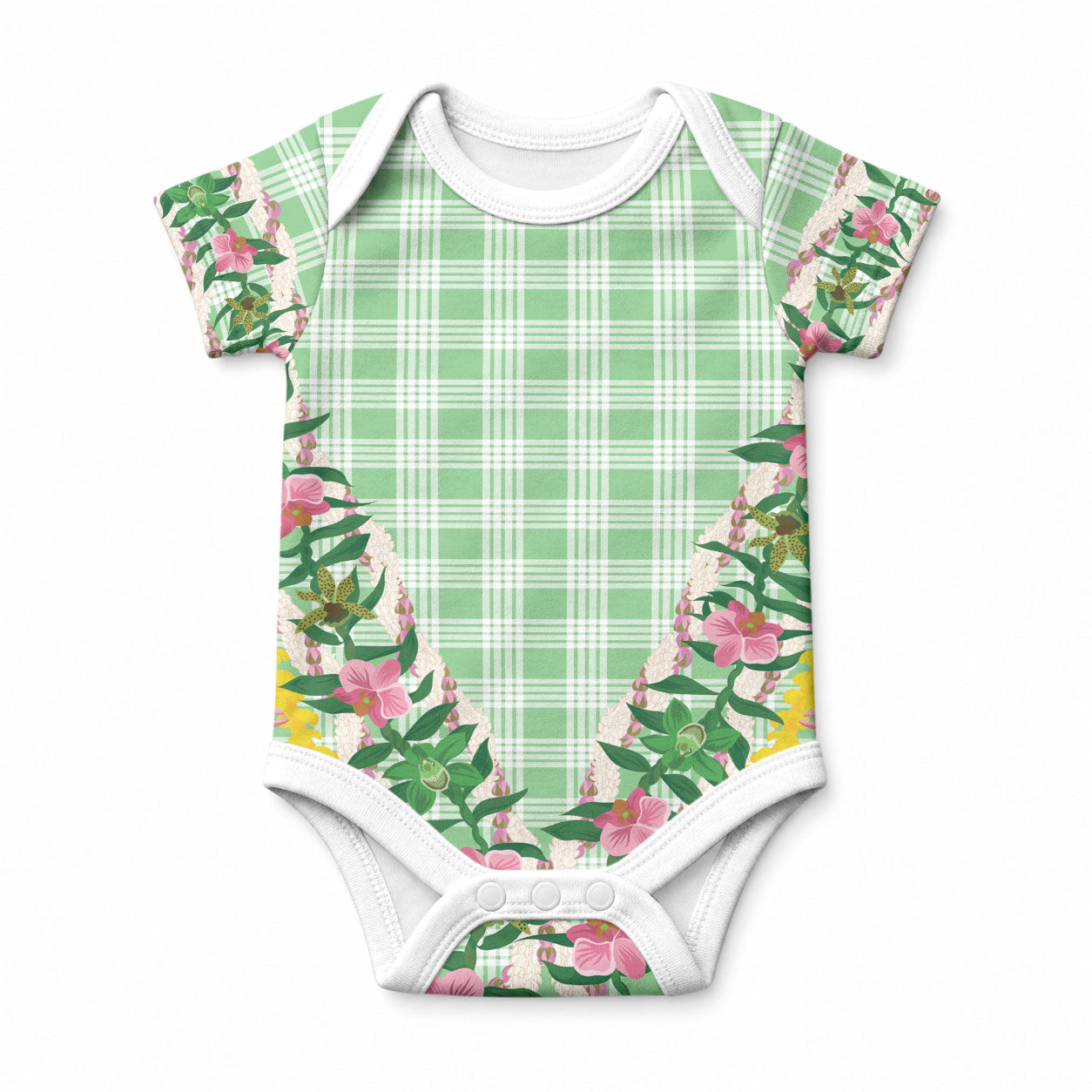 Hawaii Pikake Lokelani Plumeria Lei Baby Onesie Green Palaka Motifs LT05 Green - Polynesian Pride