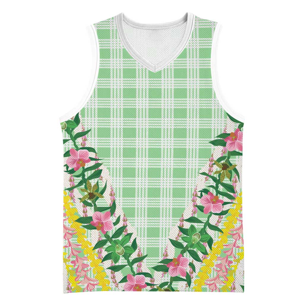 Hawaii Pikake Lokelani Plumeria Lei Basketball Jersey Green Palaka Motifs