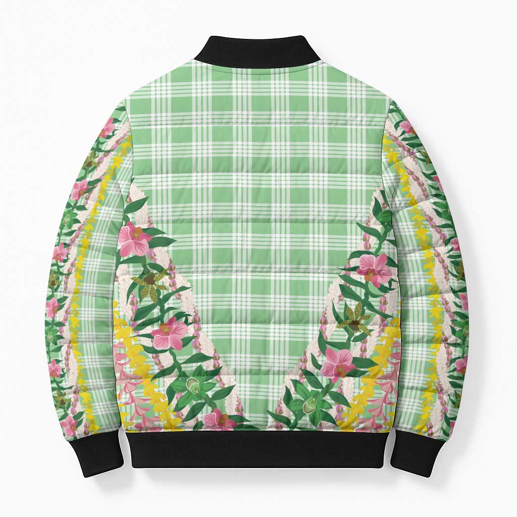 Hawaii Pikake Lokelani Plumeria Lei Bomber Puffer Jacket Green Palaka Motifs
