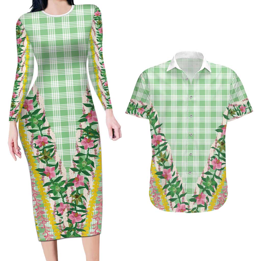 Hawaii Pikake Lokelani Plumeria Lei Couples Matching Long Sleeve Bodycon Dress and Hawaiian Shirt Green Palaka Motifs