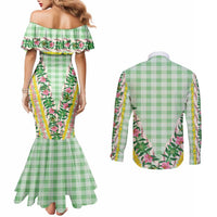 Hawaii Pikake Lokelani Plumeria Lei Couples Matching Mermaid Dress and Long Sleeve Button Shirt Green Palaka Motifs LT05 - Polynesian Pride