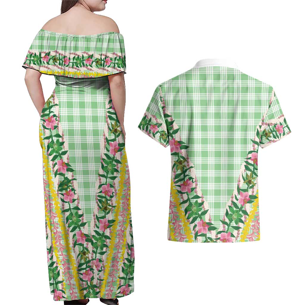 Hawaii Pikake Lokelani Plumeria Lei Couples Matching Off Shoulder Maxi Dress and Hawaiian Shirt Green Palaka Motifs LT05 - Polynesian Pride
